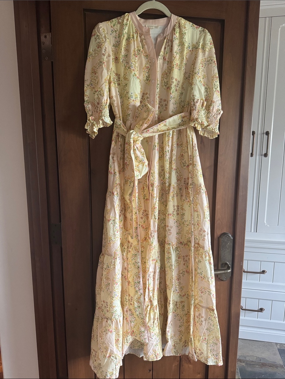 Light Yellow Floral Maxi Dress with Tie Waist